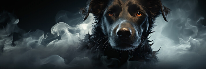 A wide banner image of a black dog coming out of white smoke in dark background 