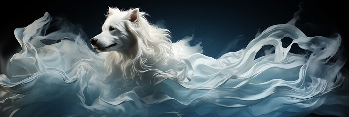 A wide web banner image of a cute little dog coming out of white foggy smoke in dark blue background 