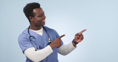 Happy black man, doctor and pointing to mockup in advertising or marketing against a studio background. Portrait of African male person, medical or healthcare nurse showing information, tips or deal