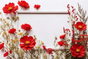 poppies in a frame, frame with flowers, framework for photo or invitation, wildflowers, copy space