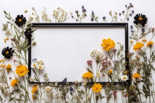black frame with flowers, framework for photo or invitation, wildflowers, copy space