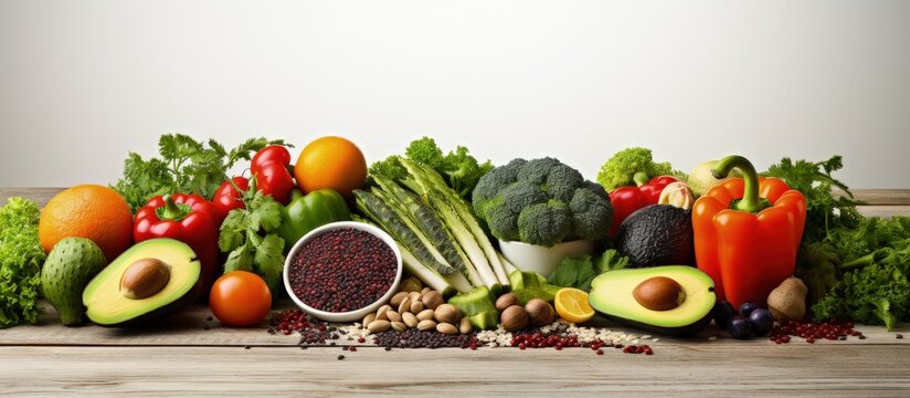 Healthful image of fruits veggies and seeds in a dietary context with copyspace for text