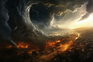 An artwork depicting a tornado wreaking havoc in a fiery urban landscape amidst a massive storm vortex. Generative AI - obrazy, fototapety, plakaty