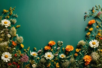 Fototapeta na wymiar frame of wildflowers, green background, copy space