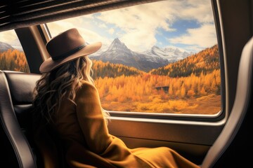 Fototapeta na wymiar A cinematic and symmetrical shot of a female traveler hanging out of a train window, looking at an amazing landscape of autumn mountains