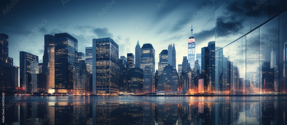 Poster contemporary office structures within financial hub with copyspace for text