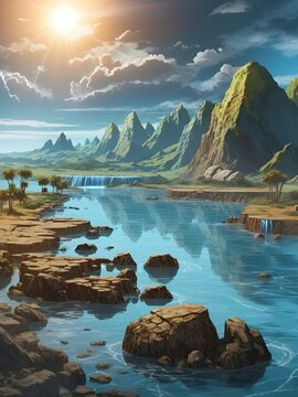 prehistoric planet earth with lots of water, image as if from a comic