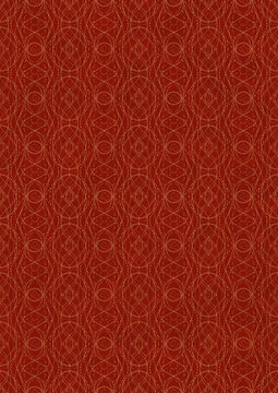 Hand-drawn unique abstract symmetrical seamless gold ornament on a bright red background. Paper texture. Digital artwork, A4. (pattern: p10-2f)