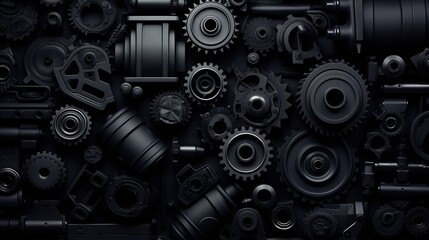 dark industrial 3D render: vehicle parts pattern with car gears and pipes - obrazy, fototapety, plakaty