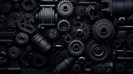 Fototapete dark industrial 3D render: vehicle parts pattern with car gears and pipes © Ashi