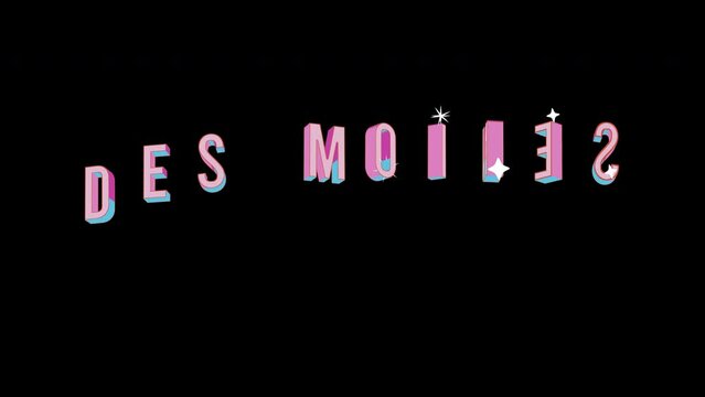 Bright letters jump merrily in the inscription DES MOINES city. Retro. Alpha channel black. Looped from frame 120 to 240, Alpha BW at the end