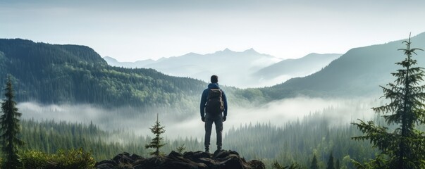 A lonely man enjoys the view of the summer mountains while he standing on a mountain peak. Hiking and digital detox concept. Contemplation of nature alone with your thoughts. Format photo 5:2. - Powered by Adobe