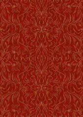 Hand-drawn unique abstract symmetrical seamless gold ornament on a bright red background. Paper texture. Digital artwork, A4. (pattern: p11-1d)