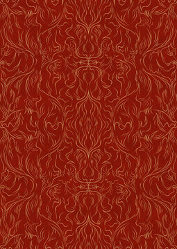 Hand-drawn unique abstract symmetrical seamless gold ornament on a bright red background. Paper texture. Digital artwork, A4. (pattern: p11-1d)