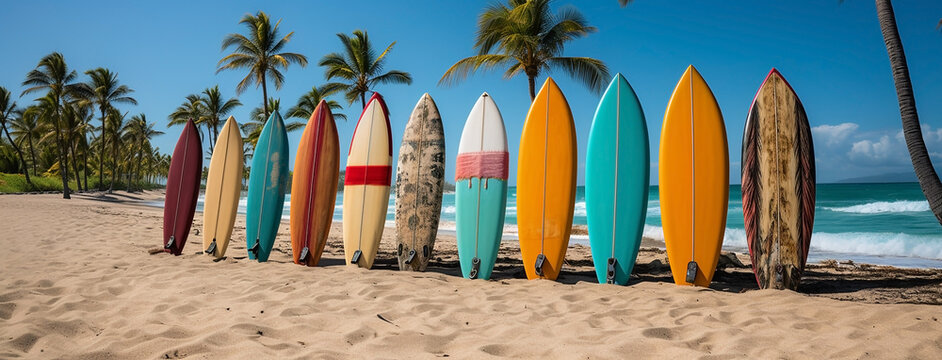 Wide horizontal retro background photo of colorful surfing board lay in line at a tropical Asian adventure beach with coconut tress and shiny blue sky 