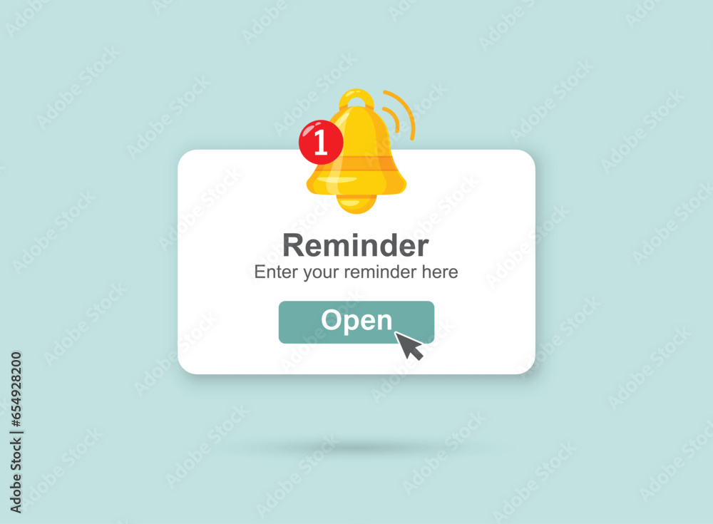 Poster reminder notifications page with alert bell icon in flat style. event notice message vector illustra