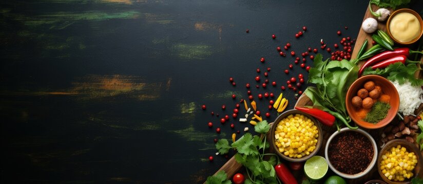 Colorful Mexican food background in Mexico with copyspace for text