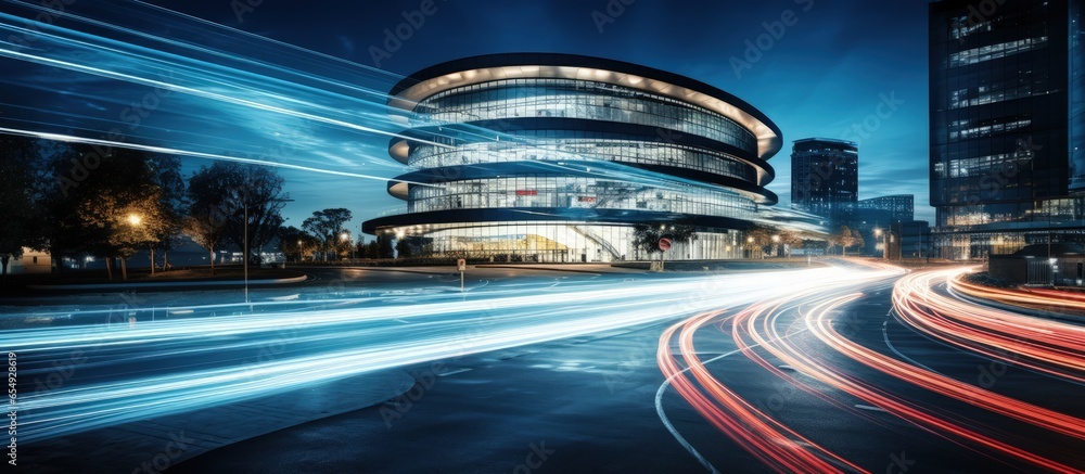 Poster the illuminated streaks against the contemporary building backdrop with copyspace for text