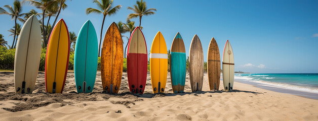 Horizontal background of colorful surfing board lay in standing position at a tropical Hawaii beach with coconut trees 