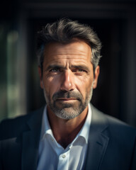Captivating Close-Up of a Distinguished Businessman in his 50s: A Beacon of Elegance and Virility, This CEO with a Beard Represents Leadership and Corporate Success