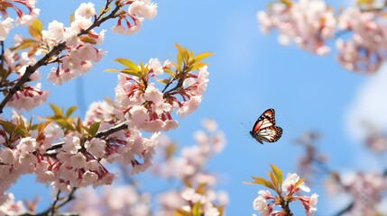 Captivating Image of Blossoming Cherry Branches and Butterflies Against Blue Sky.