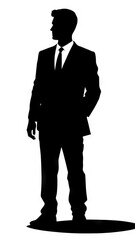A silhouette of a man in a suit with his hands in his pockets.