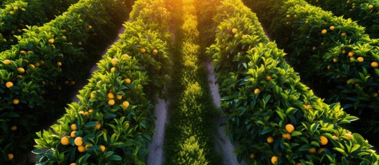 Sunset aerial views of rows of orange trees in a plantation