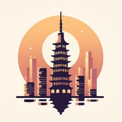 A cityscape with a large moon above. The buildings are stylized and the image has a beige background.