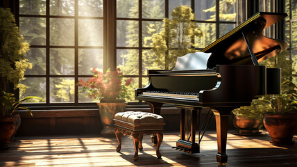 Beautiful black grand piano in a romantic, spacious room with big windows and plants. Shiny piano...