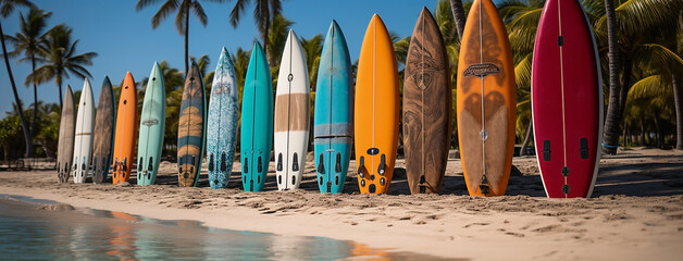 Surfboards lay in  standing position in tropical Hawaii Lankan beach with coconut trees around 