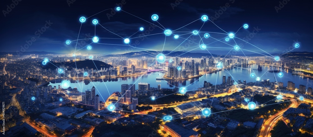 Poster night scene of cityscape skyline with augmented reality concept and internet of things icons in pano