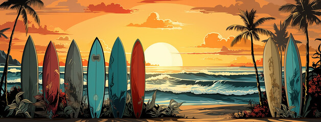Surfing mood on evening sunset with surfboards  - obrazy, fototapety, plakaty