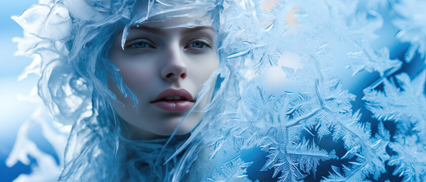 Winter abstract woman's portrait covered with ice and frost