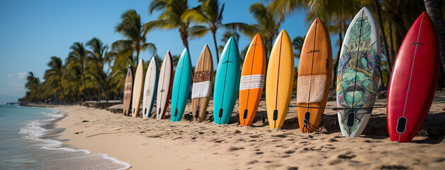 Surfboards lay in  standing position in tropical Sri Lankan beach with coconut trees around   - obrazy, fototapety, plakaty