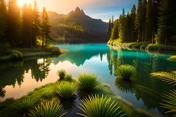 Fotobehang a realistic digital illustration of a serene lake ecosystem with crystal-clear waters © Rizki
