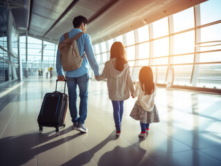 Family at the airport, parents and their cute child ready to travel, happy family concept - obrazy, fototapety, plakaty