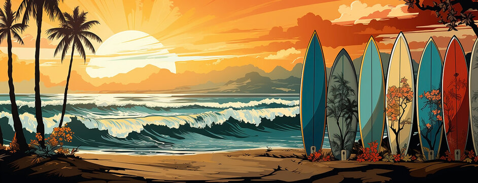 Surf boards and evening sunset 