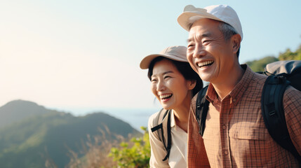 Active senior Asian couple hiking in mountains enjoying their adventure as well as vacationing - obrazy, fototapety, plakaty