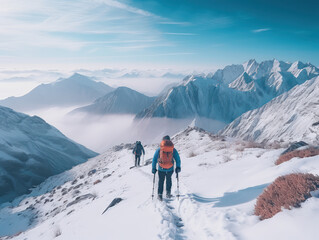 Naklejka na ściany i meble A group of skiers walking along a snowy ridge with ski equipment in backpacks on a sunny day