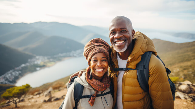 Active senior African couple hiking in mountains enjoying their adventure as well as vacationing