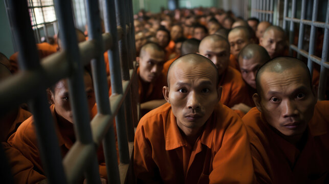 group of asian criminals in prison uniforms in prison with serious faces looking at the camera