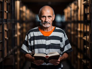portrait of senior man in prison uniform reading book in prison, self improvement concept