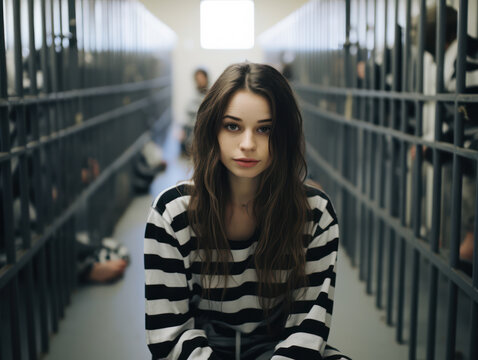 portrait of woman in prison uniform sitting in prison lobby, detained for crime