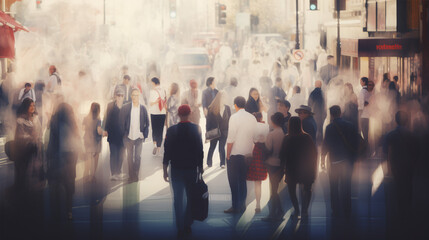 On the street, a throng of people appears as a hazy, unrecognizable mass..