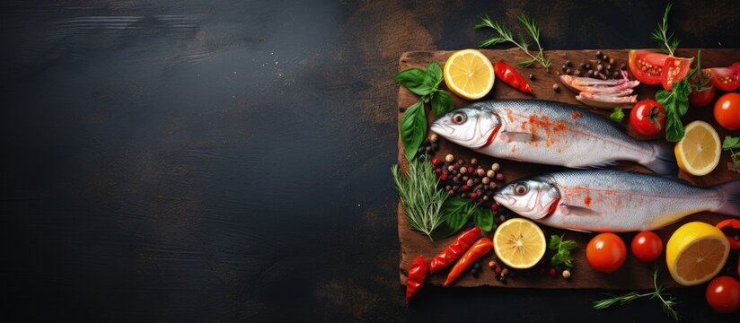 Fresh fish with herbs spices and veggies on a vintage background healthy food diet or cooking idea with copyspace for text