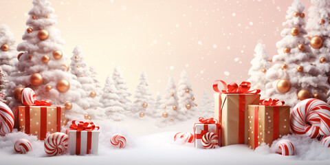 Festive 3D vector background with a merry Christmas tree and golden ornaments for the 2024 holiday season..