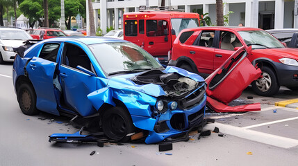 Close-up of two cars damaged in a traffic accident. Safety on the road. - obrazy, fototapety, plakaty