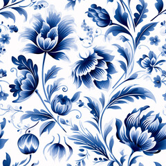 Fototapeta premium A seamless watercolor gouache pattern in a Dutch-inspired style, featuring blue florals for fabric or wallpaper..