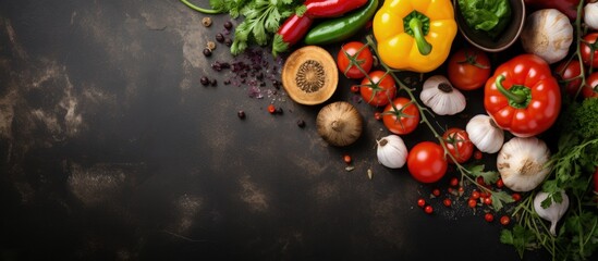 Top view of fresh colorful organic vegetables on a grey stone worktop offering space for free text with copyspace for text