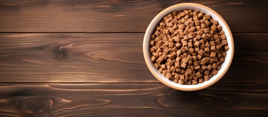 Top down view of wooden background with bowl of dry dog food with copyspace for text